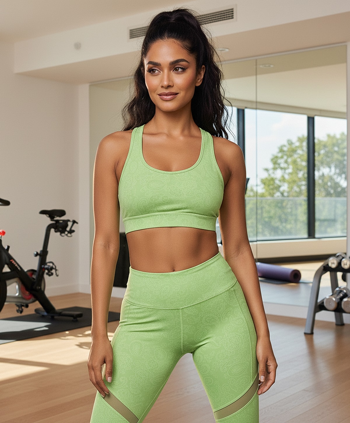 Woman in green athletic outfit smiling indoors.